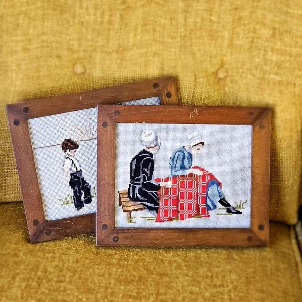 Vintage Needlework c1950 Amish Midcentury Embroidery Wood Frames Country Decor